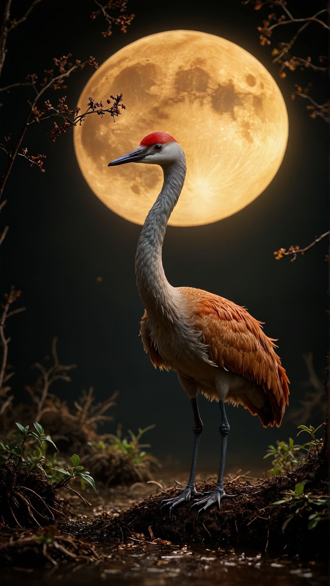 photograph, body shot of a Sandhill Crane, Moon in the night, Biopunk Art, studio lighting, Colorful, vivid, realism, <lora:MidjourneyV6.1:1>, midjourneyv6.1,  <lora:aidma-Image Upgrader-v0.1:0.45>, <lora:aidmaFluxStyleXL-v0.2:0.55> flux-style