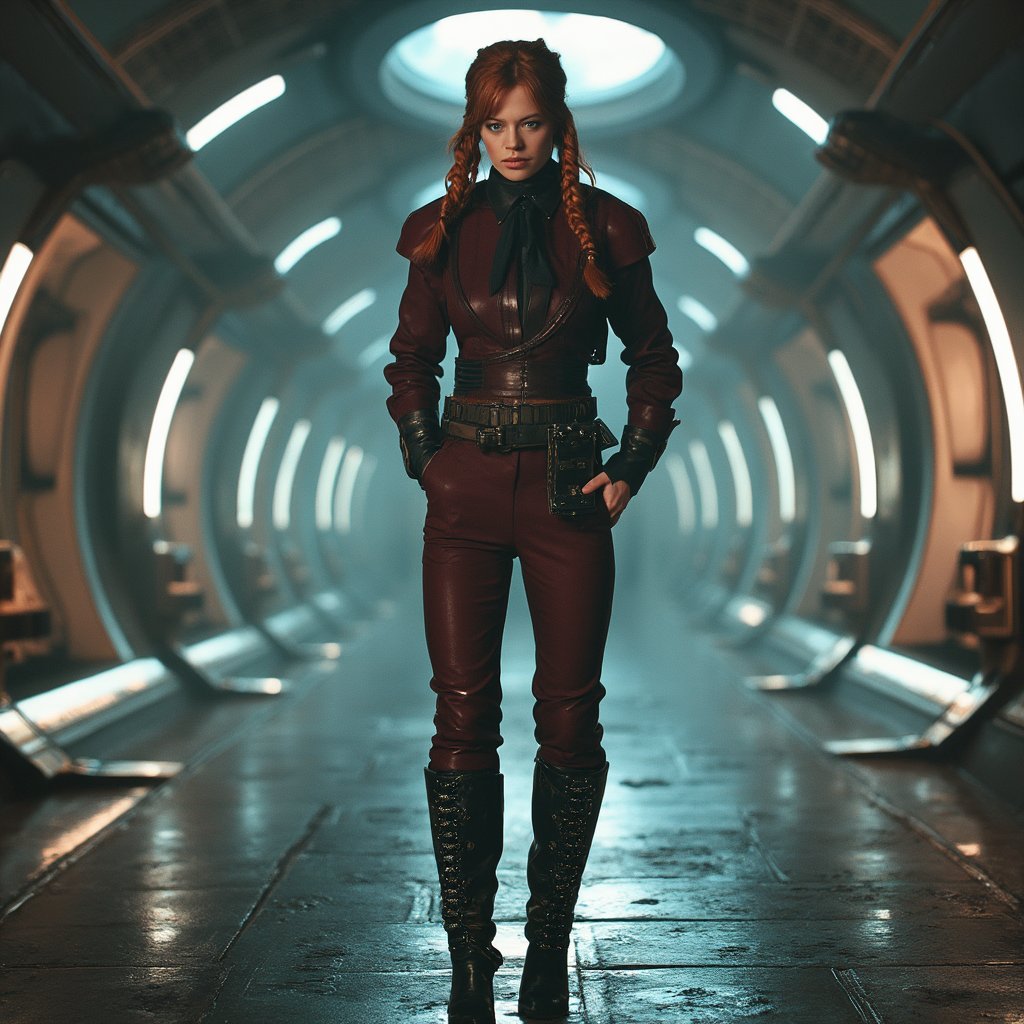 jrryn, cinematic, dramatic lighting, front facing view,  full body shot, a beautiful woman wearing a  space cadet dress suit uniform, wearing military boots,  a very formal futuristic space jacket,  red hair in a braid, possing in a very confident way in a space port in space station, ultra detailed, ultra realistic, ultra detailed colors, 8k, real photography <lora:jeri-ryan:1.2>