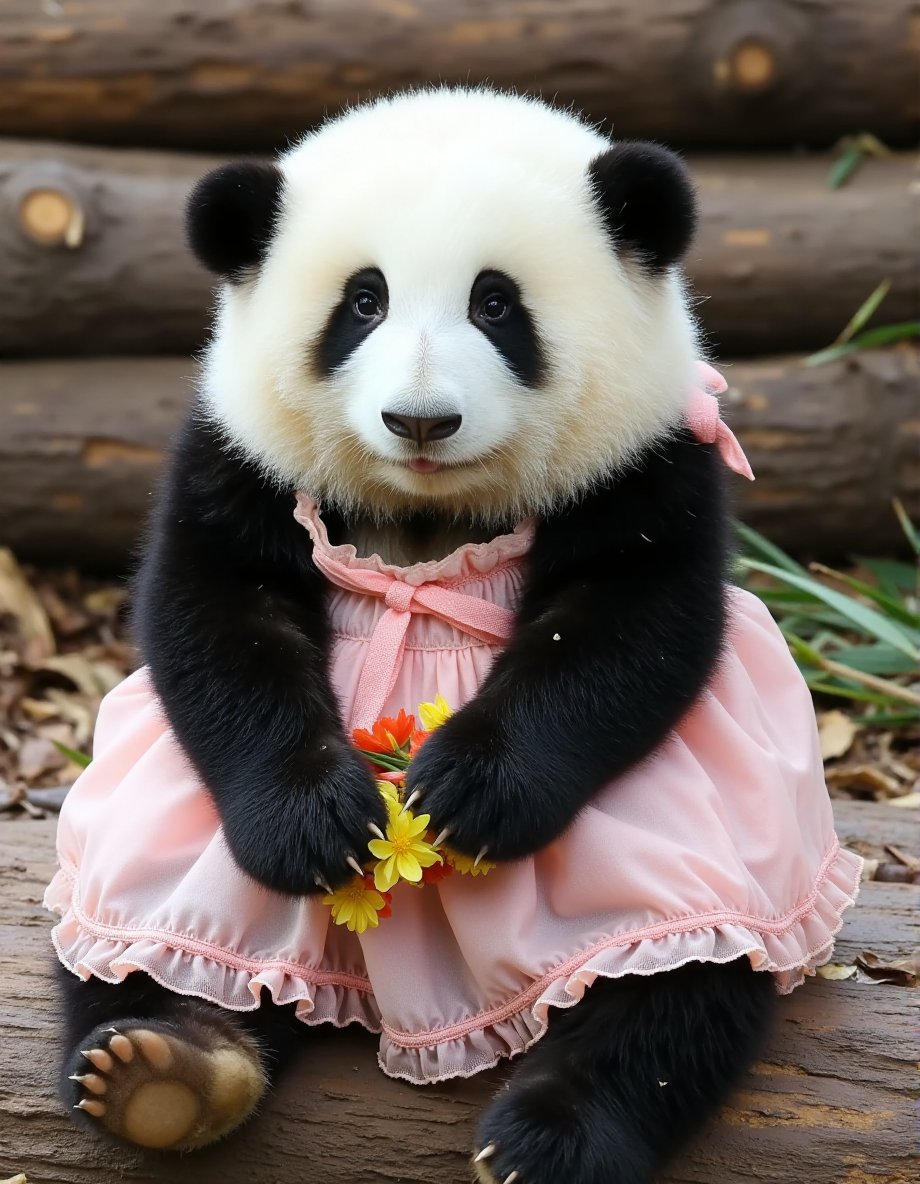 This high-resolution photograph captures a charming panda named Huahua, depicted with her distinctive black and white fur, sitting on a wooden log. Huahua is dressed in an adorable pastel-colored dress adorned with delicate frills and bows, adding a touch of whimsy to her natural charm. The dress is detailed with intricate patterns and soft textures, creating a lifelike contrast to her fluffy fur.Huahua's round, chubby body is covered in thick, soft fur, with black patches around her ears, eyes, and legs. Her face is marked by large, dark eyes and a small, black nose, giving her a gentle, curious expression. However, in this moment, she looks quite upset, her brows furrowed and her eyes narrowed, conveying a clear sense of displeasure. Her paws are positioned in front of her, holding a small bouquet of colorful flowers, which adds a playful and endearing touch to the scene.The background consists of a rustic, wooden structure made of logs, enhancing the natural, forest-like ambiance of the image. The texture of the wood is rough, contrasting with the soft fur of Huahua and the delicate fabric of her dress. The lighting in the photograph is natural, likely taken during daytime, casting a soft, even light over the subject and highlighting the details of Huahua's fur, dress, and the flowers in her paws..huahua, <lora:huahua_panda_Flux_V1-000002:1>