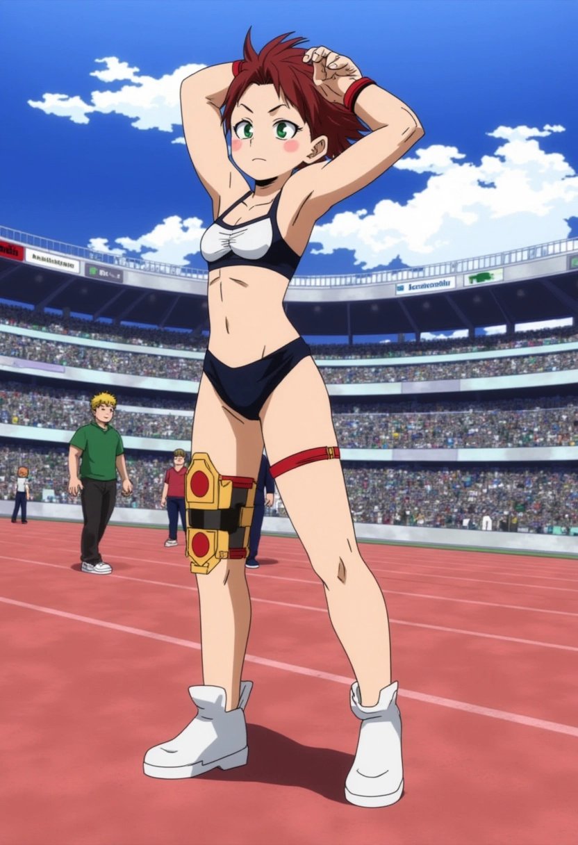 A confident athlete standing on a track field, preparing to race. The character wears sports gear and is stretching, with determination in their eyes as they get ready for the competition. The stadium in the background is full of spectators. boku_no_hero_academia_style