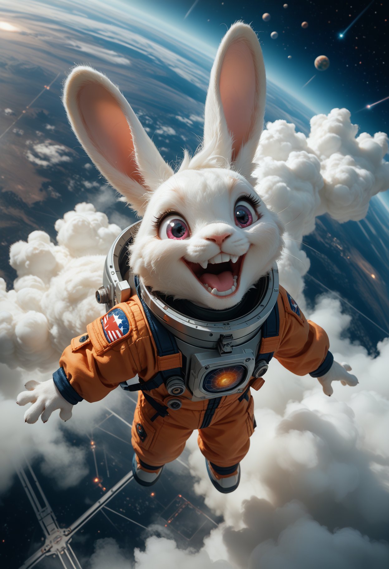 score_9,score_8_up,score_7_up,beast_quality,masterpiece,Cute fluffy rabbit wearing space suit standing on planet base Above,from above,evil_smile,teeth,open_mouth,floating in the air,clouds,fog,