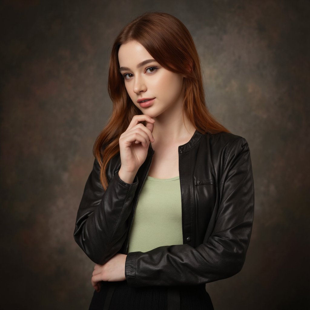 A portrait of dasha_taran with striking red hair, set against a dark, textured background. She wears a black leather jacket over a light green bodysuit and a black skirt. Her pose is confident and poised, with one hand on her chin and the other resting on her waist. The lighting is dramatic, emphasizing the subject's facial features and the texture of the leather jacket. The overall color palette is dominated by dark tones, with the red hair contrasting the lighter background.