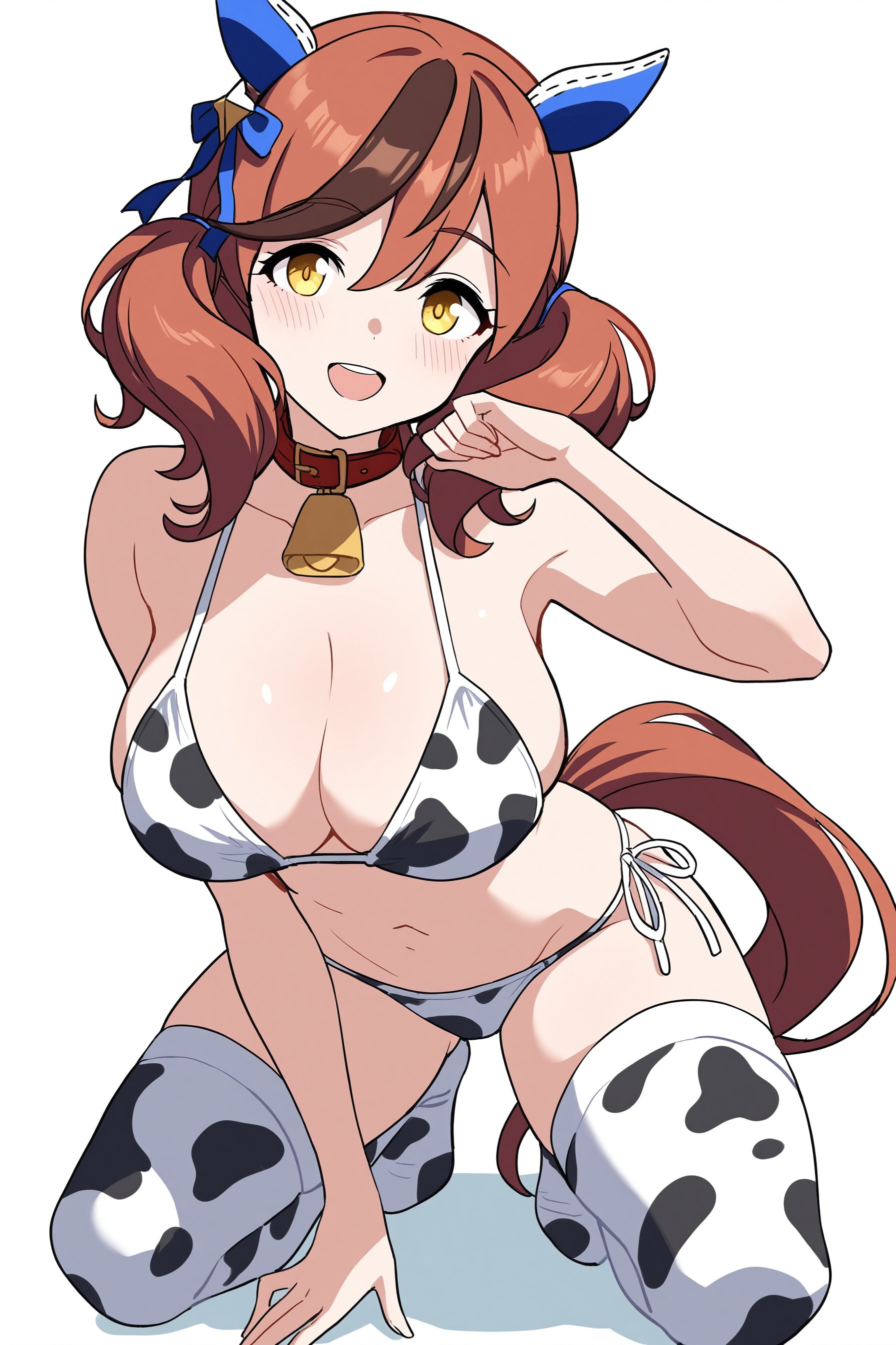 , 1girl, :d, alternate costume, animal ears, animal print, bikini, breasts, collar, cow print, cow print bikini, cow print thighhighs, ear covers, full body, horse ears, horse girl, horse tail, large breasts, looking at viewer, navel, open mouth, print bikini, print thighhighs, red collar, side-tie bikini bottom, simple background, smile, solo, squatting, swimsuit, tail, teeth, thighhighs, upper teeth only, white background, white thighhighs, yellow eyes, score_9_up, score_8_up, masterpiece, best quality