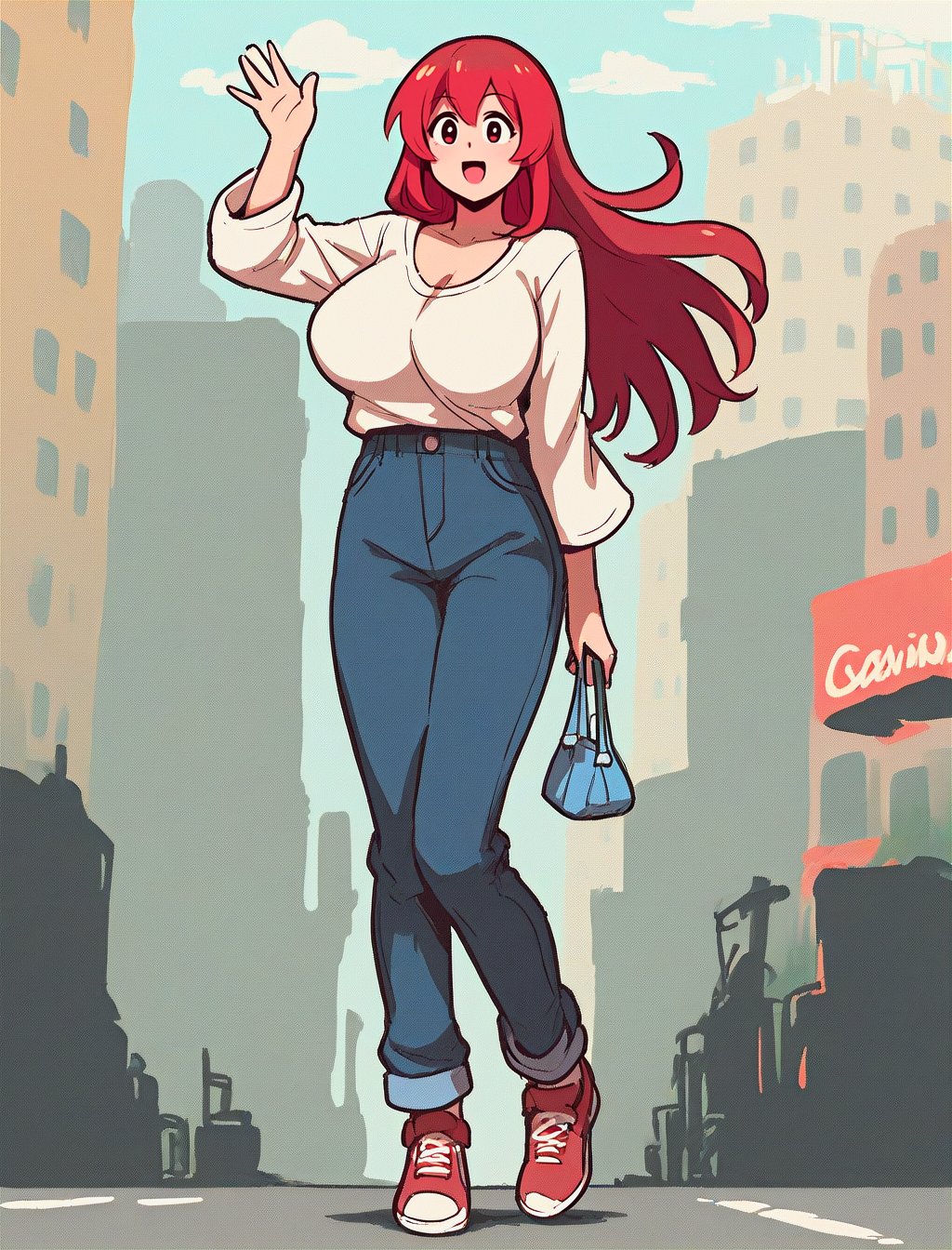 score_9,score_8_up,score_7_up, 1girl, red hair, full body, city backround, waving, large breasts <lora:PonPonPony:1>