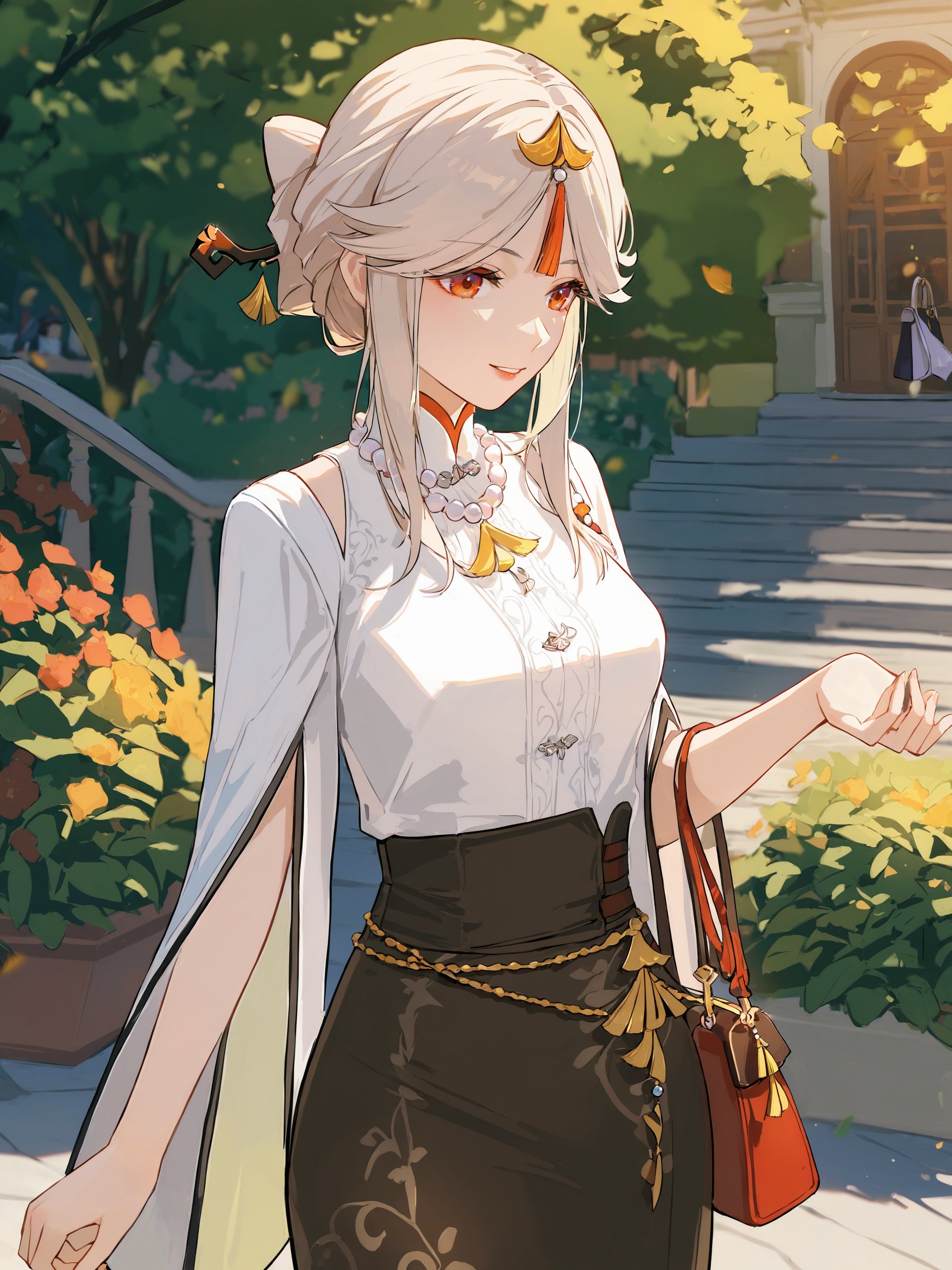 1girl, ningguang-casual, solo, high-waist skirt, blouse, wide sleeves, hair up, bead necklace, orange tassel hair ornament, cowboy shot, holding bag, handbag, french garden, standing, light smile, looking away, depth of field <lora:Char-Genshin-Ningguang-XL-V1:0.9>, illustration, incredibly absurdres, ultra detailed, masterpiece, best quality, [<lora:detailed_notrigger:0.95>::0.5]