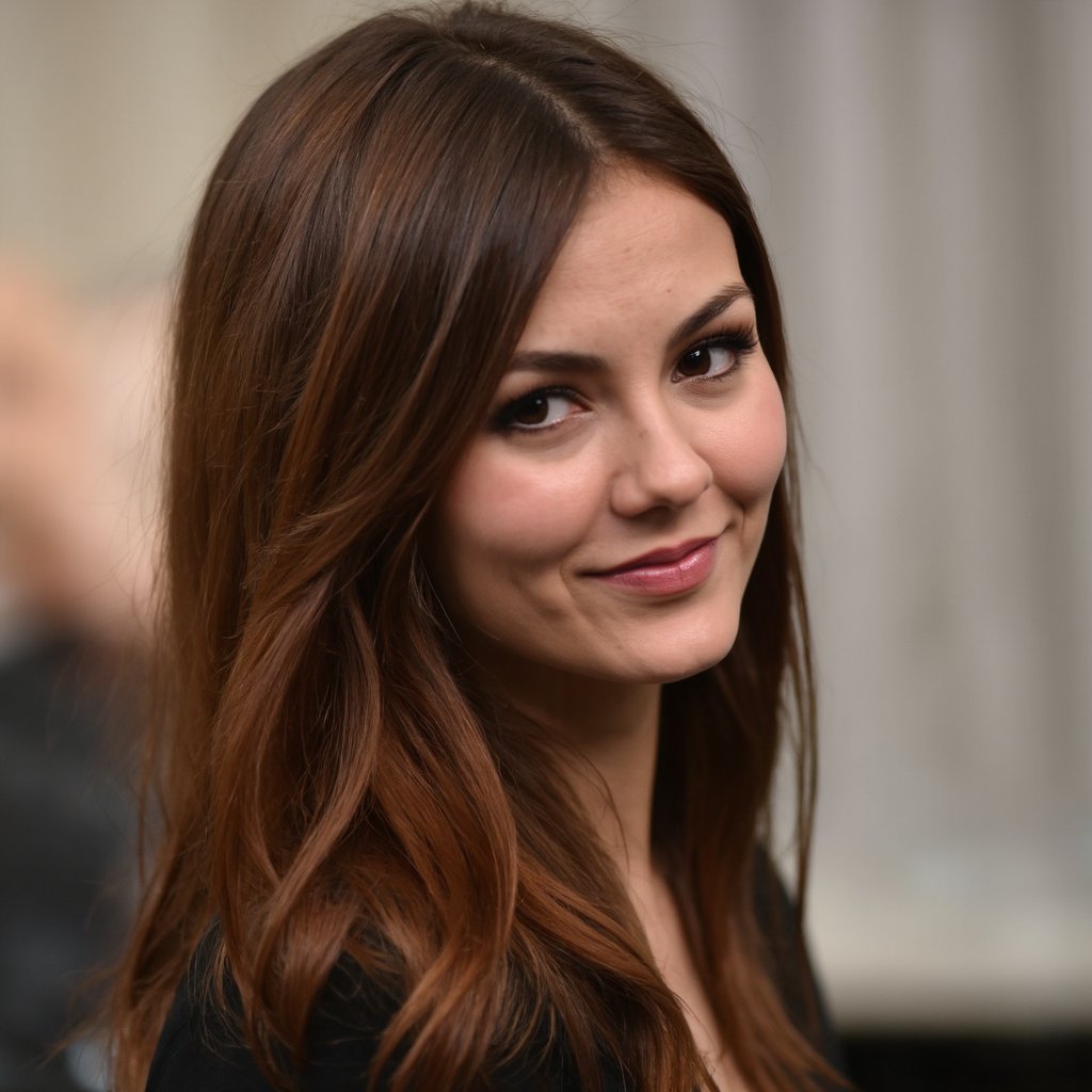 A portrait of victoria_justice with vibrant red hair,  captured in a side profile. She wears a black top and her hair is s...