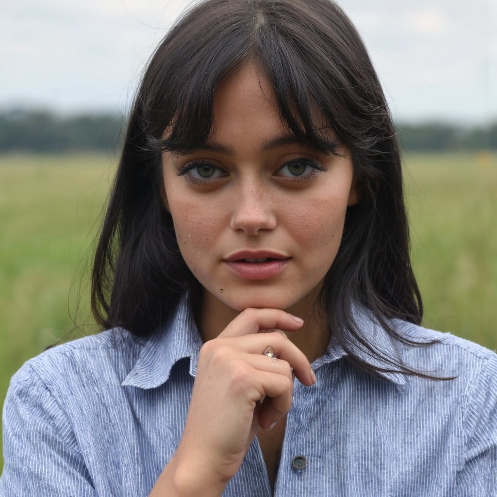 A portrait of ella_purnell outdoors. She has black hair and striking blue eyes. She wears a blue and white striped button-down shirt and rests her hand on her chin. The background is blurred, indicating a natural setting, likely a field or meadow. The image style is candid and natural, capturing a moment of stillness and contemplation.