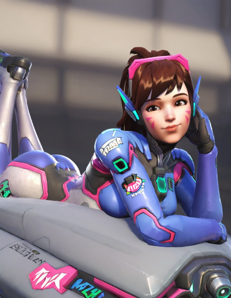 1girl, solo, d.va (overwatch), bodysuit, on stomach, facial mark, headphones, long hair, breasts, whisker markings, lying, brown eyes, looking at viewer, brown hair, skin tight, ass, lips, blue bodysuit, swept bangs, pilot suit, <lora:D.Va:0.7>