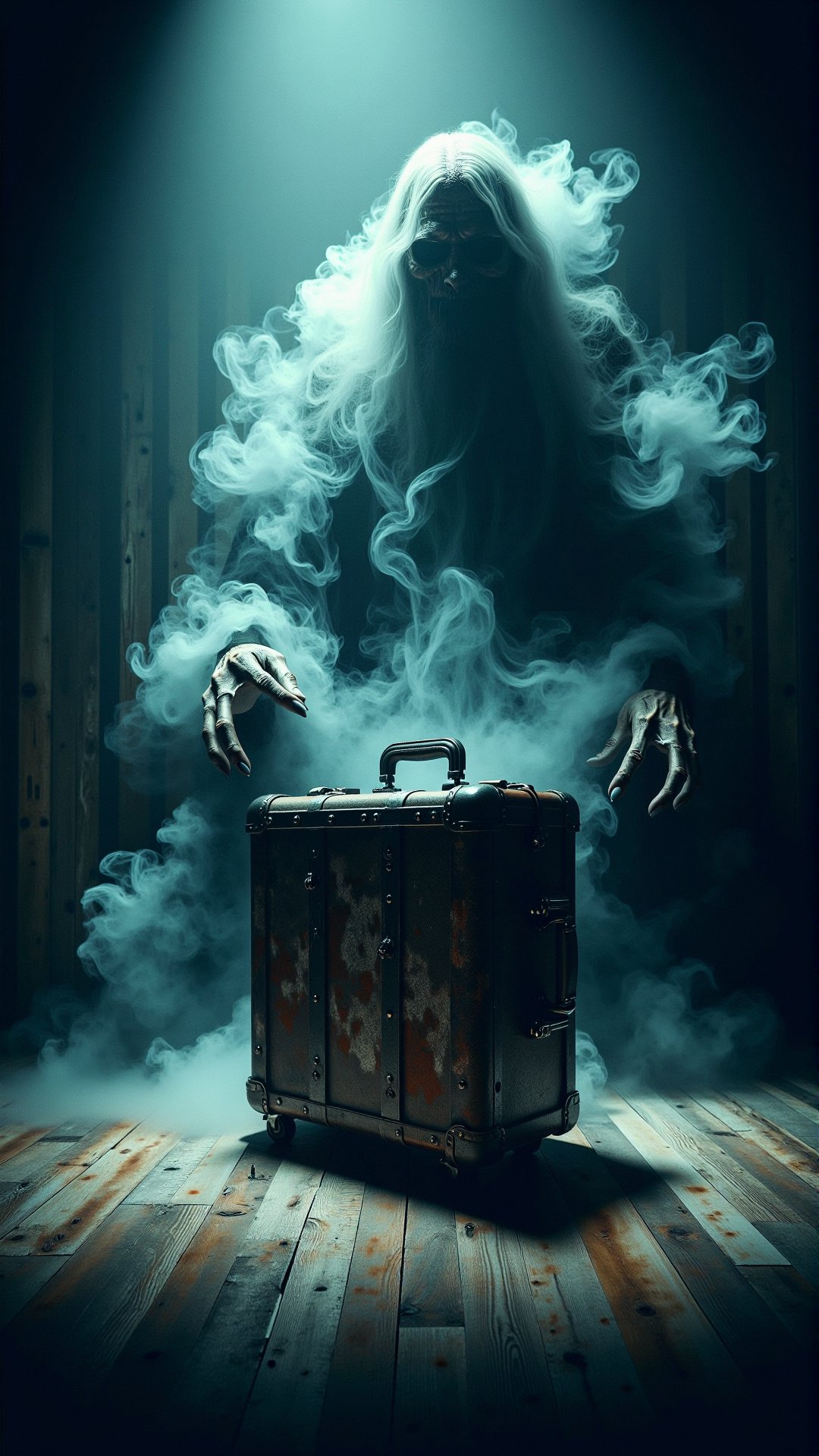 A stunning horror a professional (film grain:1.2) photography, realistic photo of a dark cursed abyss alteration Suitcase <lora:DarkmosphericFlux:0.75>, gas spirit rising up, high resolution photography, ultra resolution, 4k, 8k, 16k, HDR, DOF, studio photography, professionalismphotography,high angle,close-up shot,central framing,soft lighting,big depth of field,shallow depth of field,(high angle:1.3),shot on Sony A9 II with Sony FE 24-70mm f-2.8 GM 