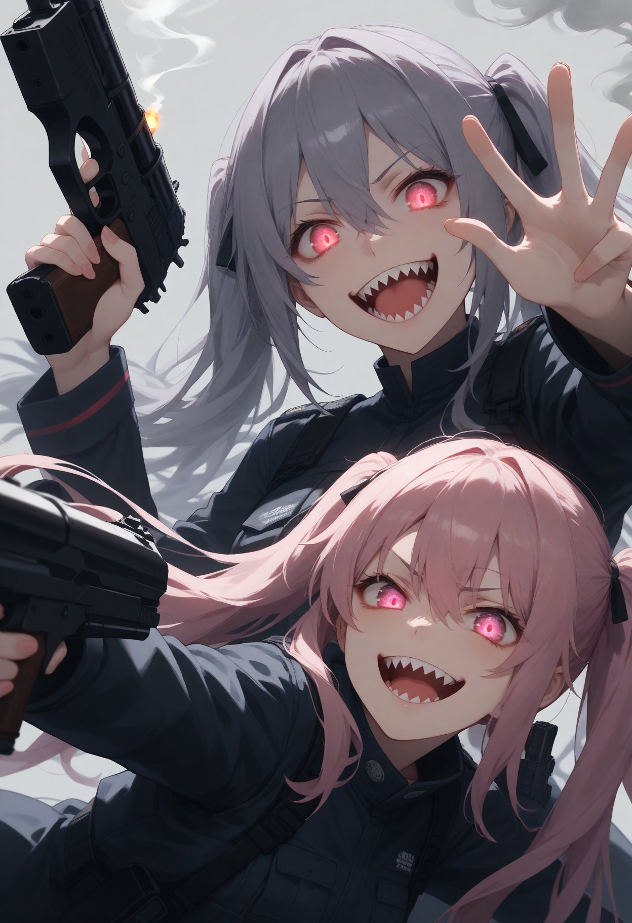 score_9,score_8_up,score_7_up,2girls,yuri,close-up,dynamic angle,dynamic pose,evil grin,evil smile,eyes visible through hair,foreshortening,glowing,glowing eyes,grey background,grey hair,grin,gun,hair between eyes,handgun,long hair,long sleeves,looking at viewer,multiple girls,open mouth,pink eyes,pink hair,purple hair,red eyes,shadow,sharp teeth,simple background,smile,smoke,smoking gun,teeth,trigger discipline,twintails,very long hair,waving,wavy mouth,warning sign,tongue out,v,masterpiece,best quality,