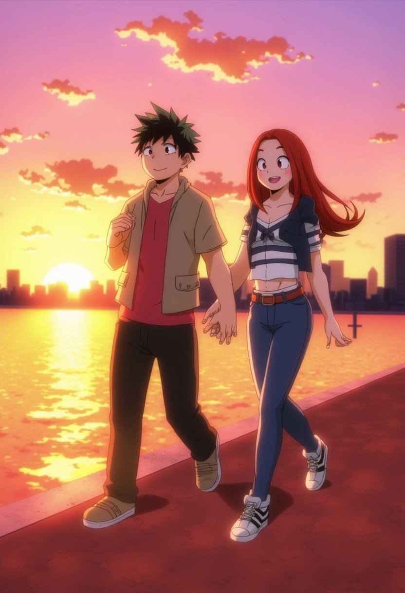 A young couple taking a stroll along a riverside promenade during sunset. Theyâre holding hands and smiling, with the warm glow of the setting sun reflecting on the water. The city skyline in the distance adds a romantic atmosphere to the scene. boku_no_hero_academia_style