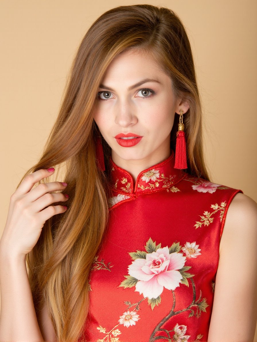 The image is a high-resolution photograph of a young woman with long, wavy blonde hair cascading over her right shoulder. She has fair skin and striking blue eyes accentuated with dark eyeliner and mascara. Her lips are painted a bold red, matching her vibrant red traditional Chinese cheongsam, which is adorned with intricate floral patterns. The cheongsam is made of a shiny, satin-like fabric that catches the light, adding a glossy texture to the image.The woman is wearing long, red tassel earrings that dangle elegantly from her ears, adding a touch of elegance and color contrast to the image. The background is a solid, light beige color, ensuring that the subject stands out prominently. The lighting is soft and even, eliminating harsh shadows and emphasizing the smoothness of her skin and the rich texture of her clothing. The overall mood of the photograph is sophisticated and elegant, capturing the essence of traditional Chinese attire with modern styling. The image is a close-up, focusing primarily on the woman's face and upper body, with no additional objects or people in the frame... <lora:Elodie_Yung_Flux_V1:1>