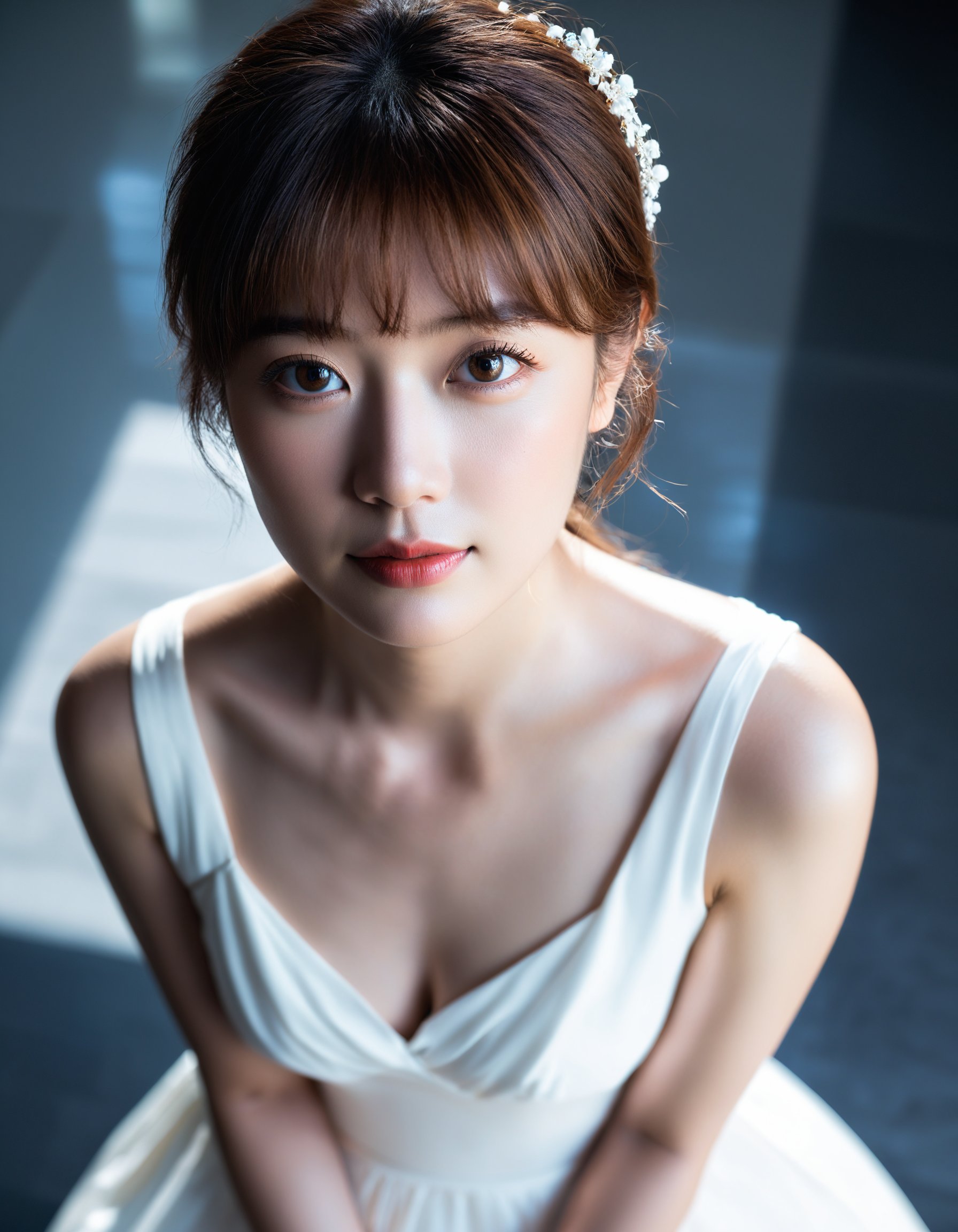 A masterpiece of a photograph. Capture a stunning, best quality, masterpiece,raw photo of asian female in white dress, close up face, brown hair, fashion accessories, looking at viewer, indoor, dark theme, dark room, from above,professional photo, high contrast exposure, soft bokeh, high key light, hard shadow,The indoor setting is bathed in bright, high-contrast daylight, casting a soft bokeh around her features. The simple, white background provides a clean canvas for the subject's beauty to shine.