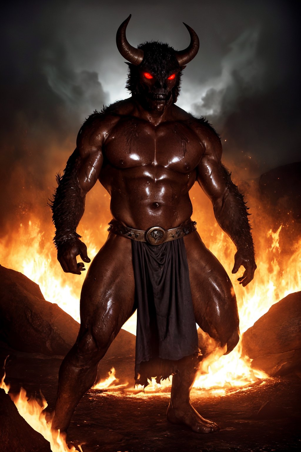 realistic, highly detailed, intricate details, detailed background, depth of field, ((capra demon)), (horned demon skull helmet), lord of hell, dark souls \(series\), portrait, ((dark grey reddish skin:1.2)), ((furry body)), red eye, glowing eye, fire, hell, lava, lean muscles, (damaged demonic loincloth), ((torn clothes)), tail, dynamic pose, dynamic angle, (sweaty:1.2), (shiny oily skin), (steaming body)