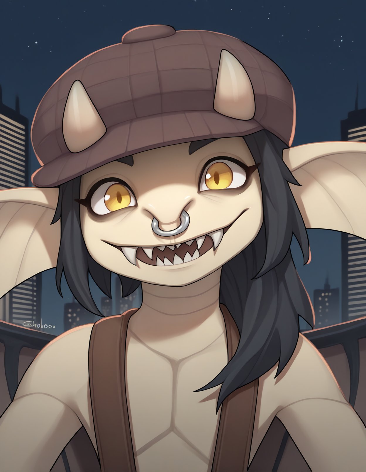 score_9, score_8_up, score_7_up, score_6_up, score_5_up, score_4_up, source_furry, source_safe, onsho, ivy \(deadlock\), deadlock, valve, gargoyle, 4 fingers, anthro, big ears, black hair, clothed, facial piercing, fangs, female, fingers, hair, hat, headgear, headwear, horn, long ears, looking at viewer, nose piercing, nose ring, piercing, ring piercing, septum piercing, septum ring, sharp teeth, smile, solo, teeth, wings, detailed background, outside, city, night, dark background, detailed background, new york, tan body, (headshot portrait, portrait, close-up, face closeup:1.3), suspenders<lora:ivy-deadlock-v2_pdxl:1>