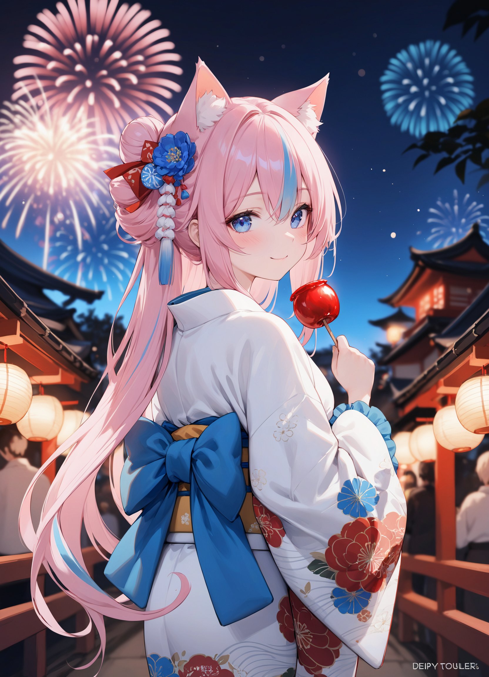 (best quality), (masterpiece),1girl, candy apple, solo, blue eyes, fireworks, kimono, long hair, food, pink hair, japanese clothes, looking at viewer, aerial fireworks, very long hair, bangs, animal ears, wide sleeves, looking back, holding, print kimono, closed mouth, long sleeves, white kimono, blurry foreground, cat ears, night, bow, blurry, from behind, holding food, virtual youtuber, smile, depth of field, outdoors, hair ornament, streaked hair, hair between eyes, multicolored hair, blue bow, sash, artist name, obi, hair bow, standing, frills, watermark, blush, floral print, text