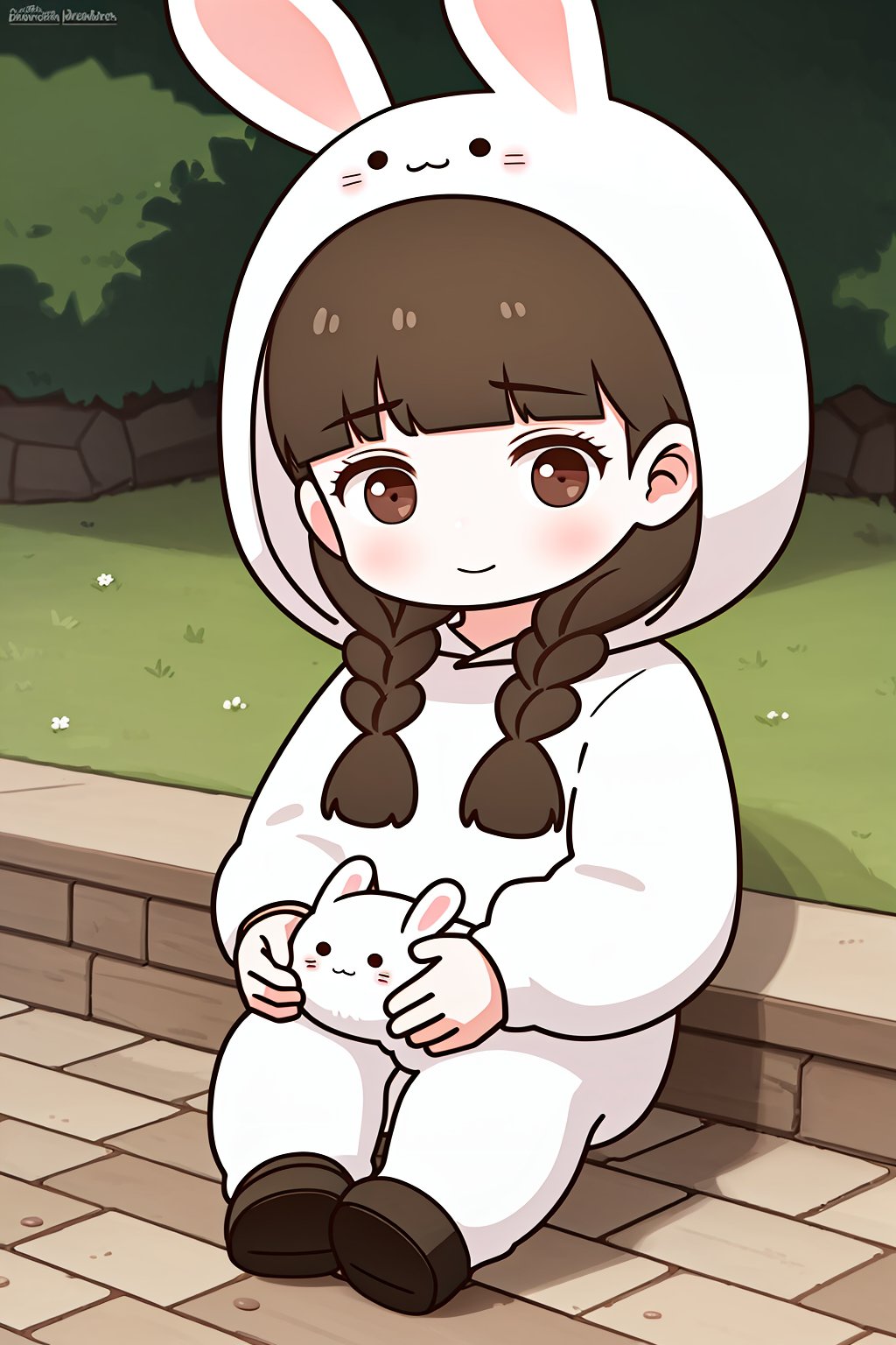 (best quality,masterpiece:1.2),ultra detailed,8k,extremely detailed,delicate pattern,looking at viewer,outdoors,<lora:C_QV_rabbit_girl_OCT_:0.7>,child,1girl,solo,Q,Q ver,braid,brown hair,twin braids,rabbit ears,bangs,blunt bangs,long hair,twintails,brown eyes,blush,rabbit hood,hood up,hood,long sleeves,white rabbit costume,sitting, 