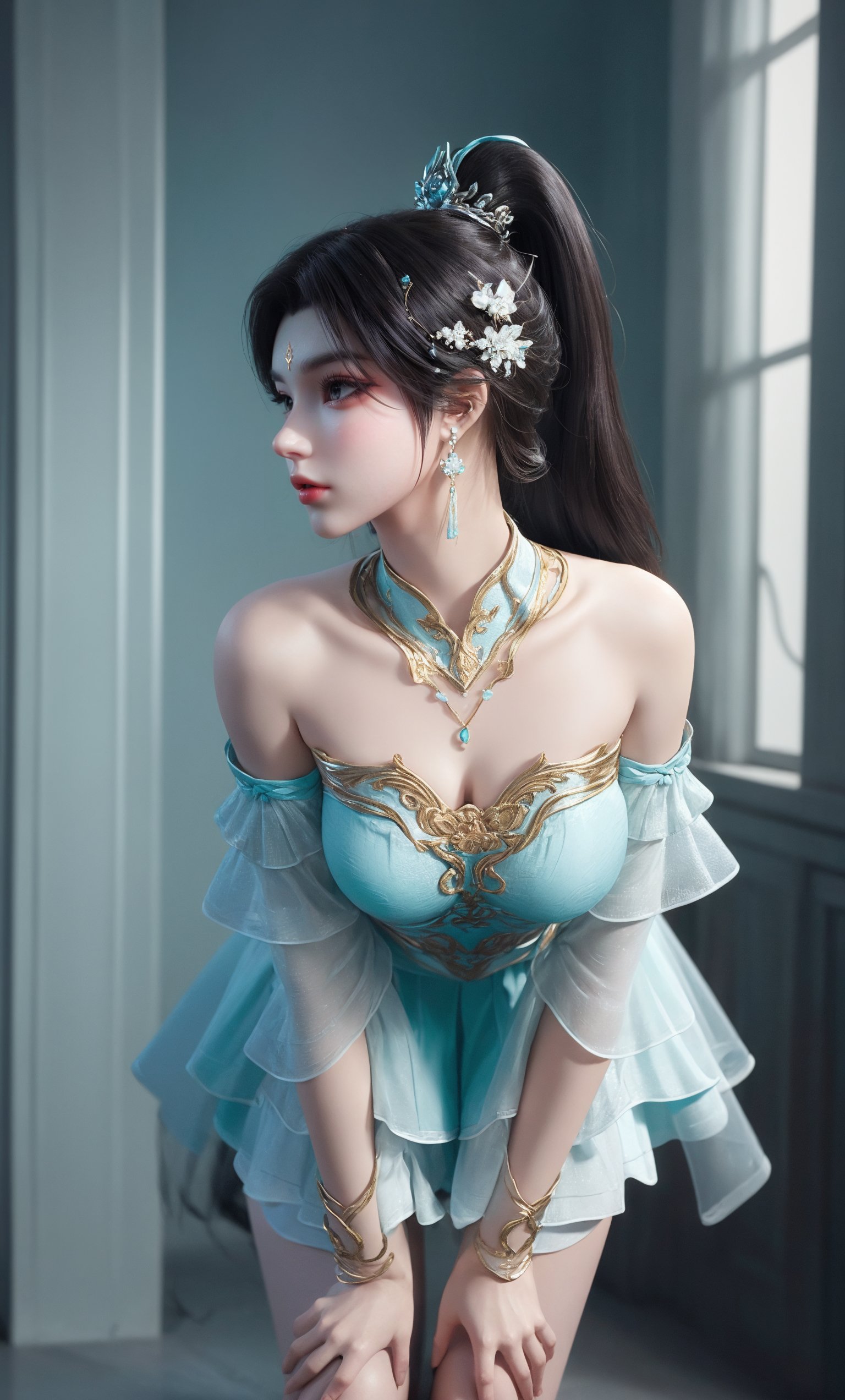 (Solid background:1.2),masterpiece,(best quality),official art,extremely detailed cg 8k wallpaper,(extremely delicate and beautiful),solo,realistic,photo_\(medium\),(Leaning forward, hands braced on knees:1.2),spread legs,profile,(chinese clothing,(cyan skirt:1.1),cyan dress,earrings,jewelry, bare legs, detached sleeves,earrings,bare shoulders,solo,),adfxx0.75NOST4,1girl,solo,long hair,ponytail,hair bun,black hair,hair ornament,forehead mark,<lora:xuner_douzong-10:0.6:lbw=NOST20>,adfxx,