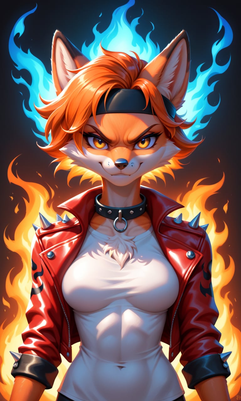 score_9, score_8_up, score_7_up, score_6_up, source_furry,BREAK,1girl, detailed face eyes and fur, 1girl, dark ambient, glow, (detailed fire background, blue fire AND red fire:1.1), anthro furry female fox, orange hair, glowing gradient orange yellow eyes, enface portrait, small, medium breasts, looking at viewer, intimidating, smirk, black headband, black collar with white spikes, flame hot red leather jacket, white shirt with fire logo, highly detailed, absurdres, cinematic lighting, soft, fluffy