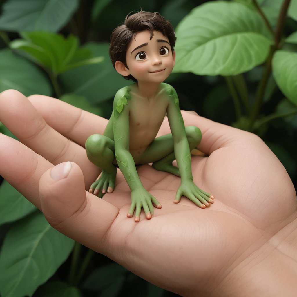 <lora:verahandheld-2v (3):1>,,inspiring photo of a hand holding a beautiful  miniature forest creature, young Tarzan, realistic, large leaves, tiny world,  Pixar render, unreal engine cinematic smooth, intricate detail, cinematic