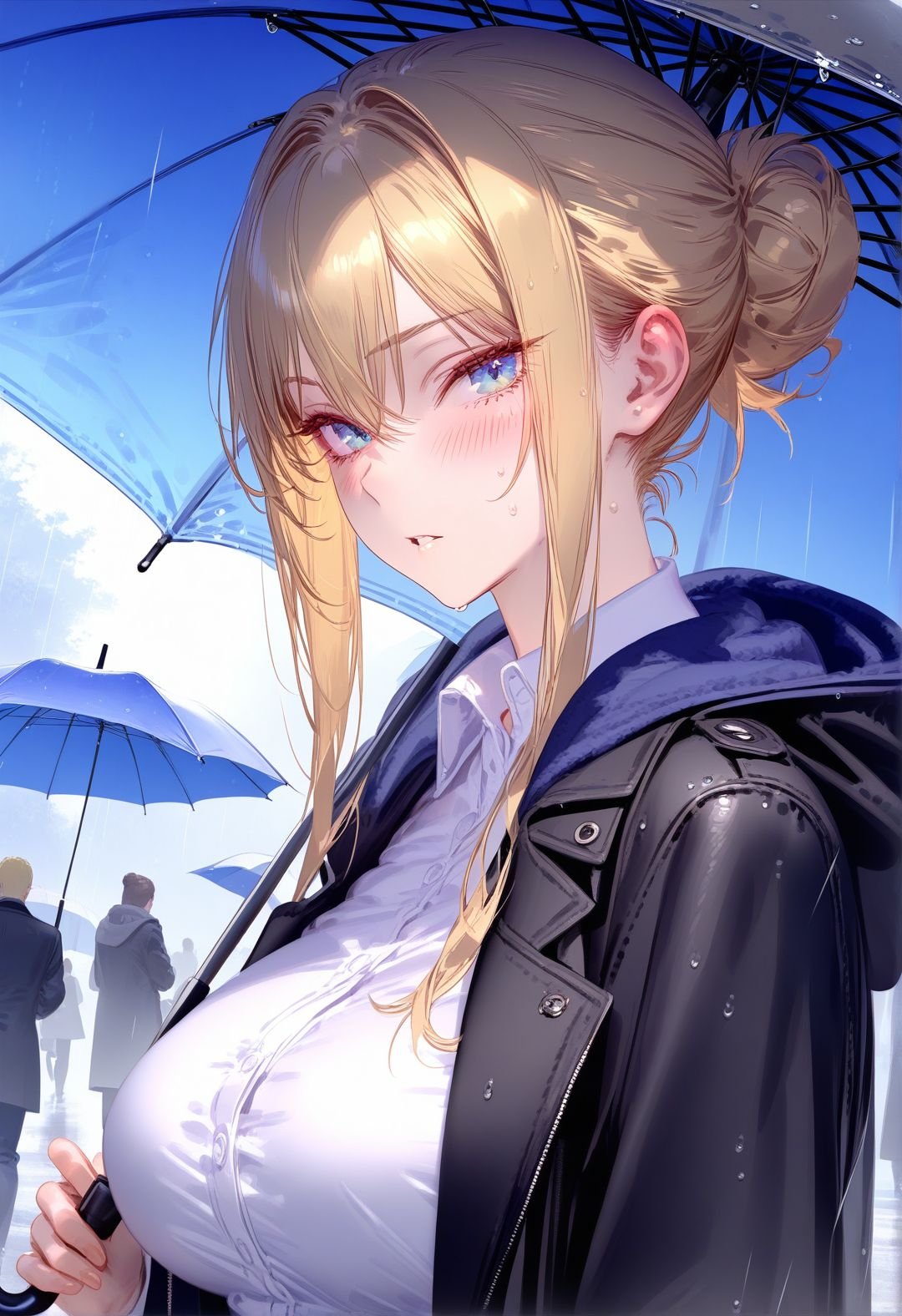 masterpiece, best quality,  <lora:RAR 0.4v:1>,RAR,1girl, solo, breasts, looking at viewer, blush, blue eyes, shirt, large breasts, blonde hair, hair between eyes, jacket, white shirt, upper body, sidelocks, outdoors, parted lips, collared shirt, solo focus, hood, hair bun, from side, coat, black jacket, umbrella, hood down, single hair bun, black coat, rain, hooded coat