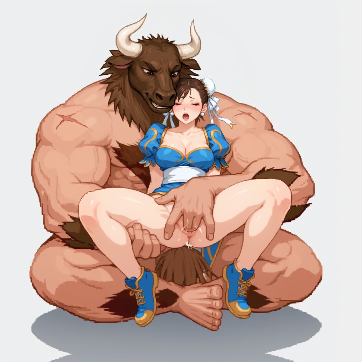 score_9,score_8_up,score_7_up,best quality,masterpiece,<lora:mugenminotaurV2:0.7>,mugenminotaur,muscular male,scar,realistic,chest hair,hairy,tall male,BREAK1girl and 1man,height difference,dynamic pose,wide spread legs,female orgasm,sitting,chun-li,fingering,