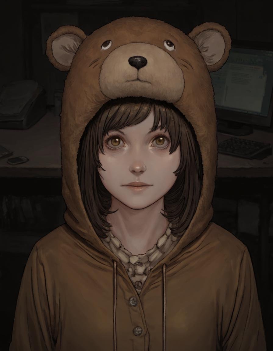 The image is a digital illustration of a young girl with brown hair and a bear hat on her head. She is wearing a brown hoo...