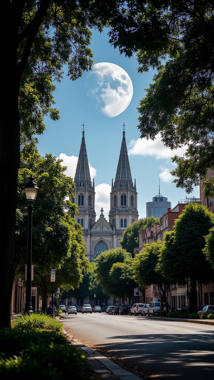 from the view of an ant, view from the ground, weird camera angle, landscape of a The iconic spires of the ancient city of San Antonio stand tall against a backdrop of lush green trees. The sun beats down on the scene, casting long shadows across the streets below. Moon in the night, human proportions, medieval, optimism, midjourneyv6.1