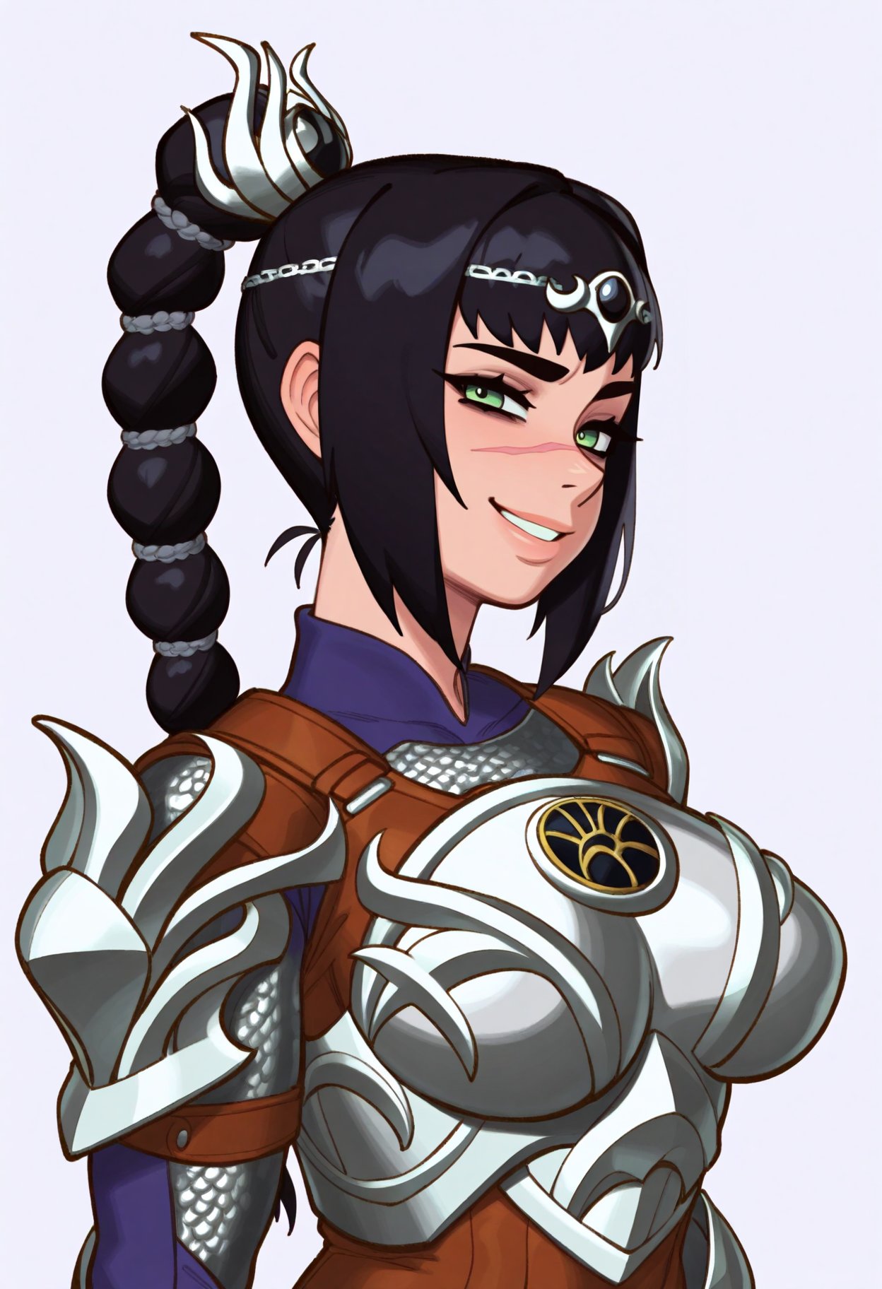 rizdraws,best quality, amazing quality, very aesthetic, absurdres,1girl, solo, shadowheart, black hair, braided ponytail, green eyes, scar on face, circlet, armor, large breasts,horny smile, looking at viewer, upper body, (simple background, white background:1.3), <lora:ShadowHeartIllustrious_byKonan:0.8>  <lora:RizdrawsIllustriousXL_byKonan:1>