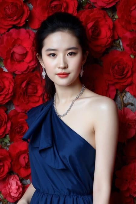 The image showcases a young woman wearing necklace and earrings with pale skin and makeup. She is positioned against a strikingly vibrant silver background, which is filled with large red rose flowers. The flowers dominate the composition, adding a dramatic and intense contrast to her skin tone and overall appearance.The woman is dressed in indigo blue gown, which drapes softly over her shoulders, leaving her upper back and one shoulder exposed. Her expression is calm and slightly mysterious, with her gaze directed slightly to the side, away from the camera. The large flowers, some of which overlap with her figure, create a dreamy and surreal atmosphere, as if she is blending into or emerging from the floral background., <lora:flux_realism_lora:1>, <lora:makinaflux_liuyifei_v1.0:1>