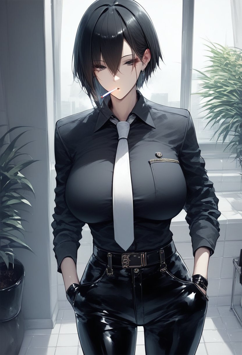 score_9, score_8_up, score_7_up, score_6_up, source_anime, <lora:RLI 0.2v:1>, RLI,1girl, necktie, solo, gloves, holding cigarette, cigarette, black hair, shirt, holding, breasts, black gloves, black shirt, large breasts, pants, black pants, belt, white necktie, hair between eyes, hand in pocket, looking at viewer, smoking, smoke, collared shirt, short hair, tiles, indoors, black eyes, plant, half gloves, bangs, long sleeves, parted lips, tile floor