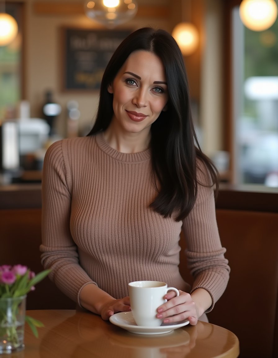 <lora:RayVeness_Flux:1> realistic photo of RayVeness wearing a fitted sweater  dress in a cafe having a coffee. 