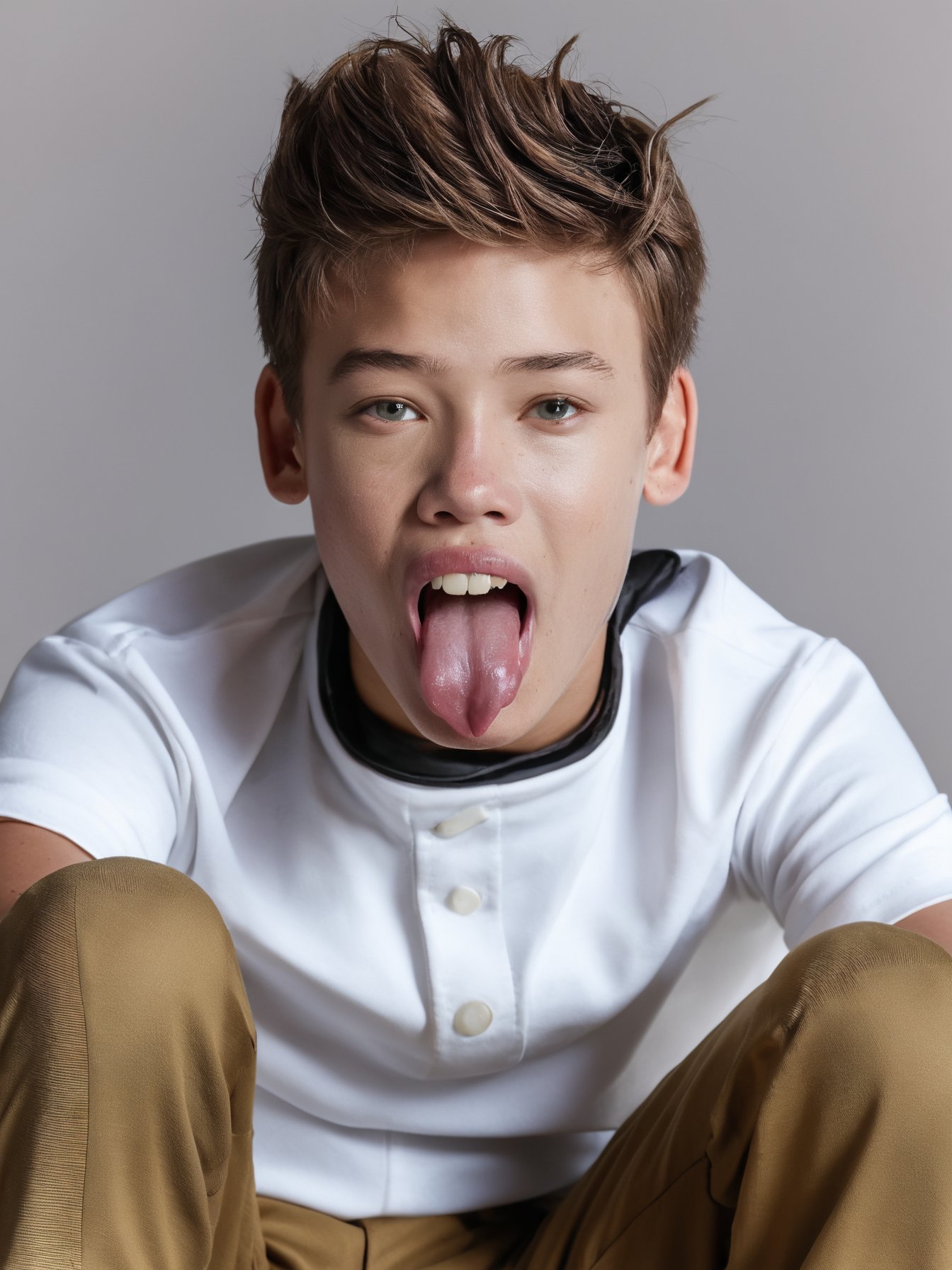 score_9, score_8_up, score_7_up, solo, photo, <lora:NG(n4tang0ldmann)SDXL:1> (n4tang0ldmann), teen boy, model, full thick lips, solo, shirt, 1boy, tongue, male focus, tongue out, brown hair, white shirt, detailed eyes, t-shirt, open mouth, realistic, pants, cowboy shot, short sleeves, teeth, simple background, brown pants, short hair, freckles, realistic, hyper detailed photorealistic life-like accurate proportional 8k sharp focus, accurate cinematic lighting, photorealistic detail