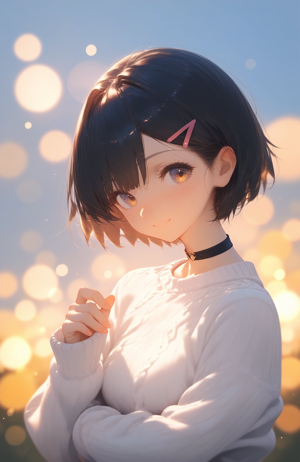 score_9,score_8_up,score_7_up,score_6_up,source_anime,softnai3style,<lora:softNai3Style01:1>,solo,1girl,looking at viewer,short hair,hair ornament,sweater,hairclip,upper body,blush,black hair,blurry,holding,bangs,choker,long sleeves,white sweater,sleeves past wrists,smile,closed mouth,backlighting,lens flare,bokeh,