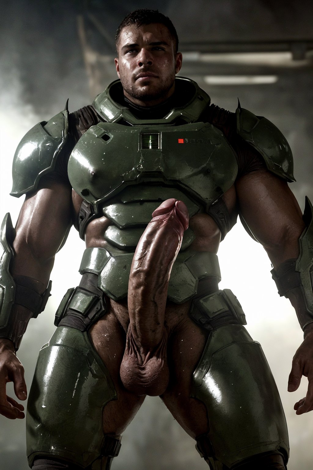 realistic, highly detailed, intricate details, detailed background, depth of field, 1boy, male focus, man wearing doom slayer armor, gameplay mechanics, game assets, doom \(series\), destroyed facility background, (sweaty:1.2), (shiny oily skin), (steaming body), dynamic pose, dynamic angle, Highly detailed cinematic film still, (volumetric lighting, film grain, subsurface scattering), dramatic lighting, (majestic, harmonious), vignette, cinemascope, epic, vibrant details, grainy, surreal, creative, motion blur, (huge penis, oversized penis, hyper penis:1.4), male pubic hair, testicles, (large pectorals:1.4), (puffy nipples:1.4)