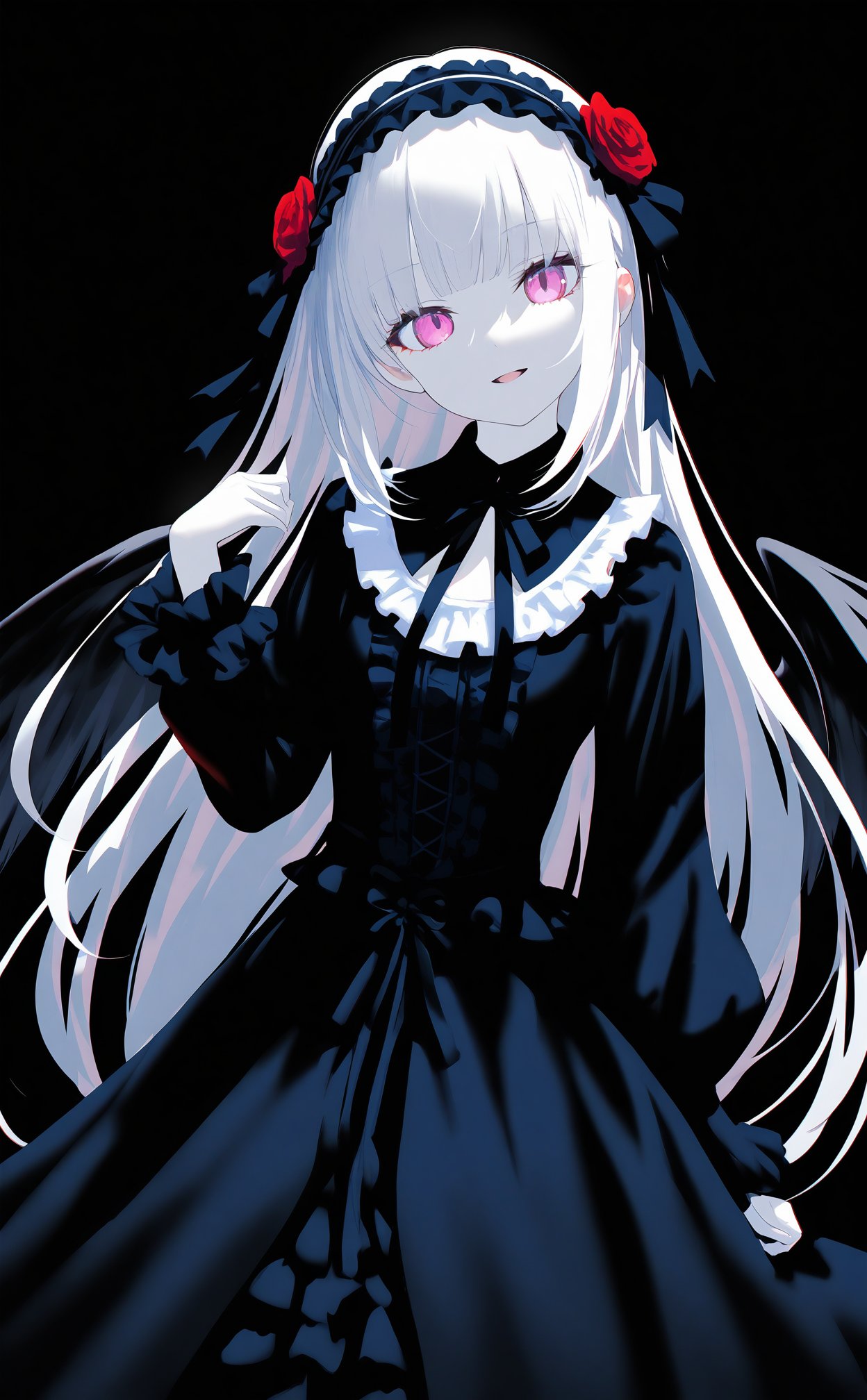 masterpiece,best quality,high quality,(colorful),loli,1girl,suigintou,solo,lolita hairband,long hair,hairband,lolita fashion,gothic lolita,dress,looking at viewer,black dress,wings,smile,white hair,long sleeves,black background,ribbon,simple background,frills,black ribbon,hand up,open mouth,purple eyes,pale skin,black wings,red eyes,pink eyes,black hairband,frilled sleeves,detached collar,very long hair,cowboy shot,rose,white skin,parted lips,head tilt,