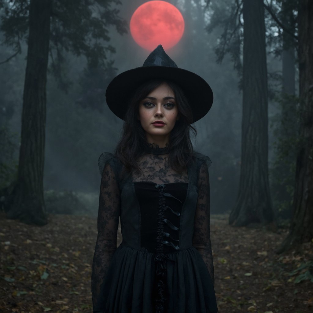 A sharp close-up portrait of ella_purnell in a gothic-inspired setting, focussing her face. She wears a long, flowing black gown with a corset-style bodice. Her black hair is styled in loose waves, and she wears a wide-brimmed black witch's hat. Her makeup is dramatic, with bold red lipstick and smoky eyeshadow. The woman stands in a dark, misty forest at night, surrounded by tall pine trees and fallen leaves. The glow of the blood-red moon bathes the surroundings in mystical red light. The background is filled with mist, creating a mysterious and ethereal atmosphere.Swathes of fog drift across the ground. The color palette consists primarily of blacks and reds, with the woman's black dress contrasting against the forest backdrop.