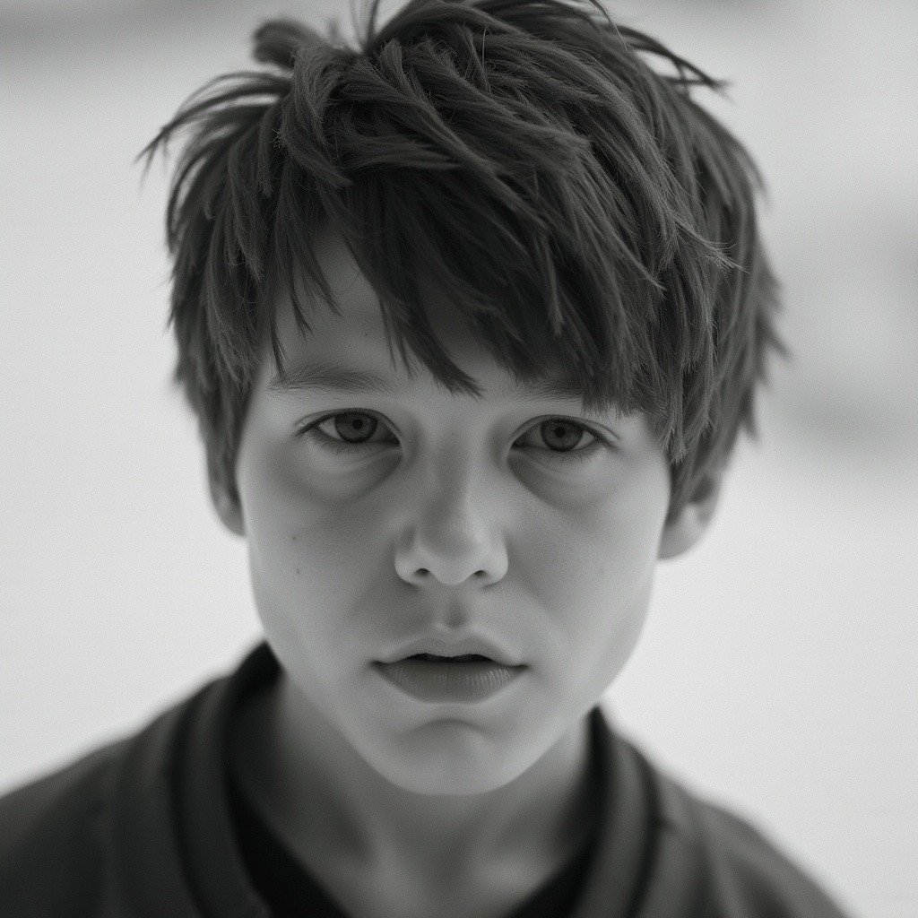 infrared image,  This is a black and white photograph of a young person with a short,  tousled haircut by loraonlyguy on T...