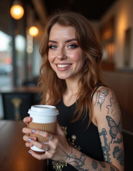 <lora:Eden_Ivy_Flux:1>  realistic photo of edenivy,  makeup, wearing a band tank top , tattoos, in a cafe having a coffee. looking at the viewer smiling  