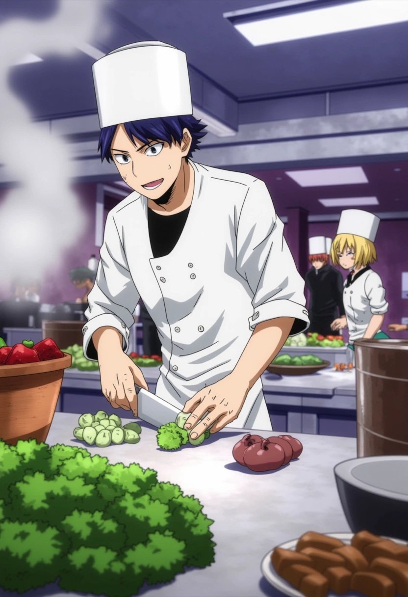 A chef working in a bustling kitchen, surrounded by fresh ingredients and steaming pots. The chef is focused, chopping vegetables with precision, while the other kitchen staff move quickly in the background, preparing dishes for the evening rush. boku_no_hero_academia_style