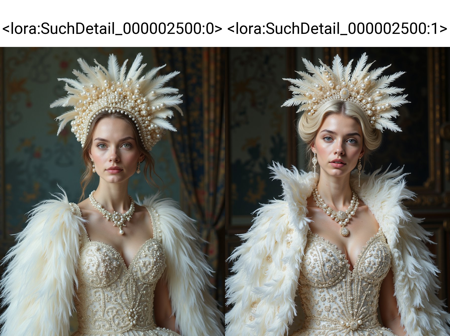 <lora:SuchDetail_000002500:0>,a photo shoot in the style of Alessio Balbi, a portrait of a beautiful girl with porcelain skin, mother-of-pearl hair gathered in an elaborate comb decorated with pearls and feathers, ral-feathercoat, a complex detailed dress decorated with mother-of-pearl sequins, Haute couture, amorphous figures with a holagrophic effect fly in the air, powerful imagery, Hyperdetailed photorealism, (Masterpiece), best quality, (ultra-detailed) cinematic, high resolution, detailed, 4k , 8k, masterpiece, 1girl, perfectly flat chest, tiny perky tits