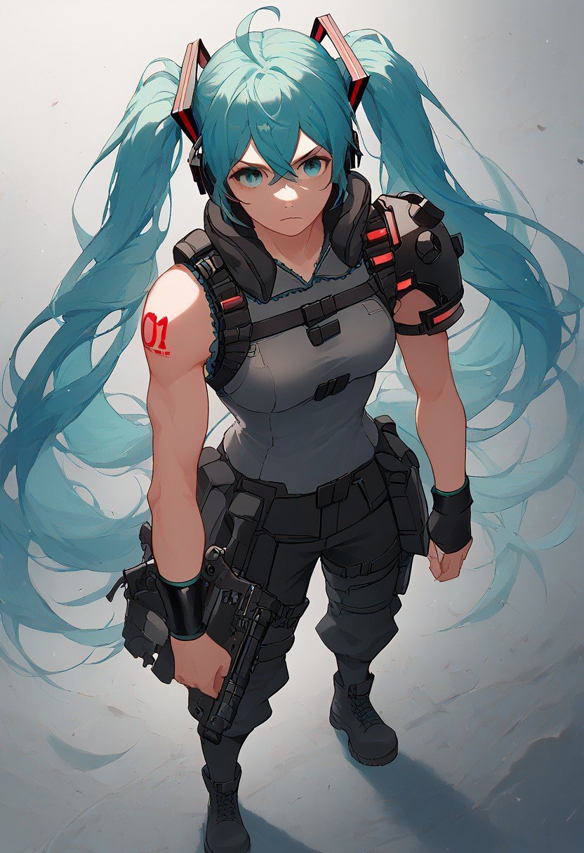 score_9, score_8_up, score_7_up, miku hatsune, ahoge, aqua eyes, aqua hair, crossed bangs, hair between eyes, hair ornament, headphones, long hair, twintails,, guerrilla outfit, black outfit, tactical gear, black armbands, sleeveless shirt, belts, chest harness, tactical harness, left pauldron, shoulder pad, combat boots,