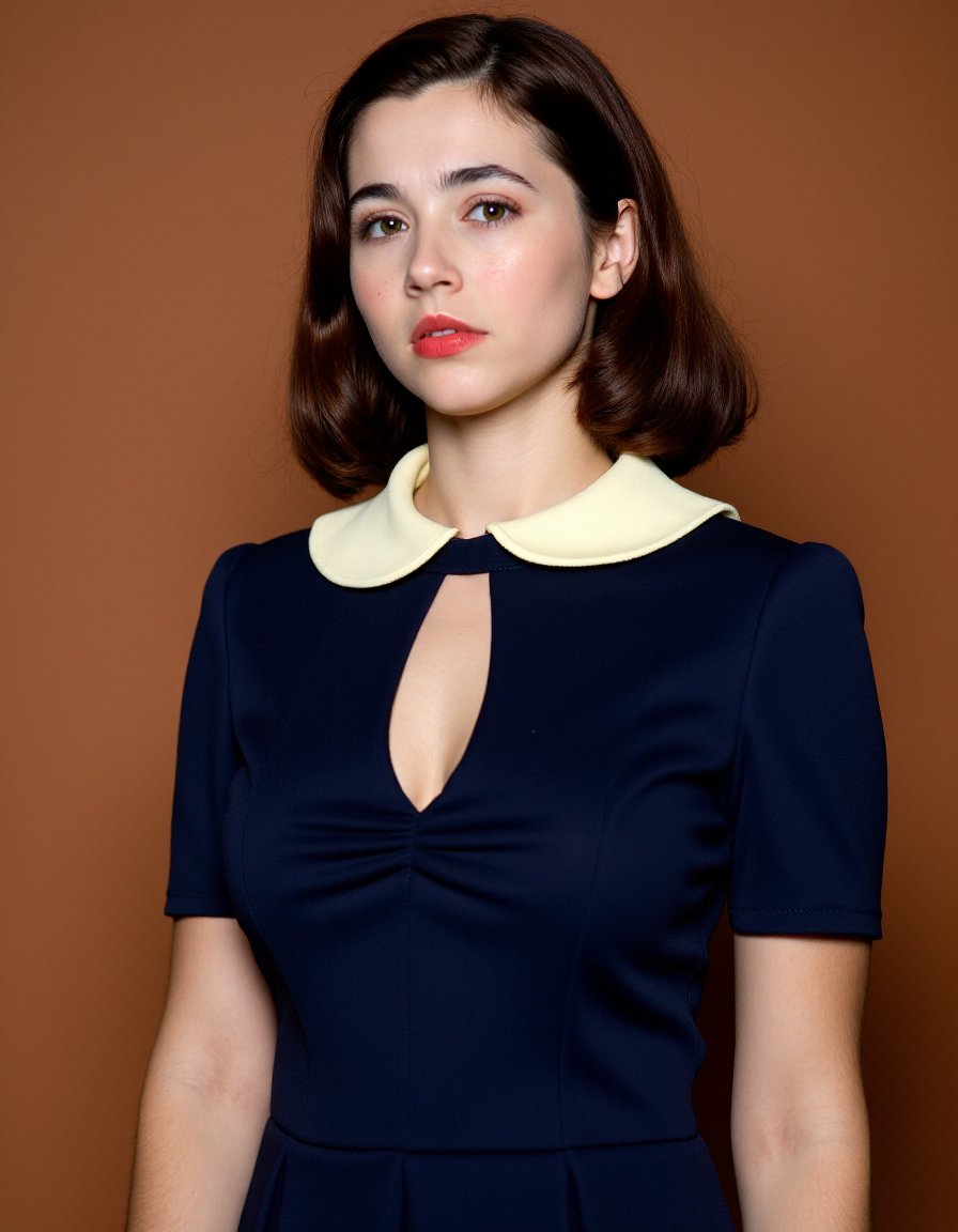 The image is a high-resolution photograph featuring a young woman with fair skin and a light complexion, standing against a solid, warm brown background. She has shoulder-length, wavy brown hair that cascades gently over her shoulders, framing her face. Her eyes are a striking green, and she has well-defined eyebrows. Her lips are painted a bold red, adding a pop of color to her otherwise neutral makeup.She is wearing a navy blue dress with a cream-colored collar and a small, keyhole cutout at the neckline, giving a hint of her collarbone. The dress has short sleeves and a fitted bodice that accentuates her slender figure. The fabric appears smooth and slightly matte, possibly made from a cotton blend, and the dress has a classic, vintage-inspired silhouette.The lighting in the photograph is soft and even, highlighting her features without harsh shadows. The background is a solid, uniform color, ensuring that the focus remains on the subject. The overall mood of the photograph is intimate and slightly formal, with a hint of vintage elegance. There are no additional objects or distractions in the frame, making the image clean and straightforward.,Velma,<lora:Velma_Flux_V1:1>