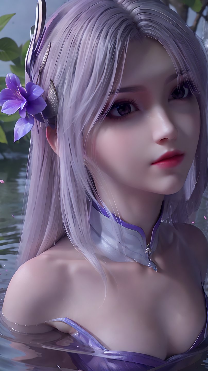 xiaoyixianlp,1girl,solo,hair ornament,closed mouth,long hair,expressionless,realistic,fake collar,purple dress,shoulders,purple flowers,transparent outfit,detach rotator cuff,long_sleeves,whole body,high_heels,tropical fish,sitting,crossed_legs,clear facial features,close-up,, branch,falling petals,lake,leaves in wind,outdoors,petals,petals on liquid,ripples,tree,wading,water,wind,peach blossom,peach blossom petals,