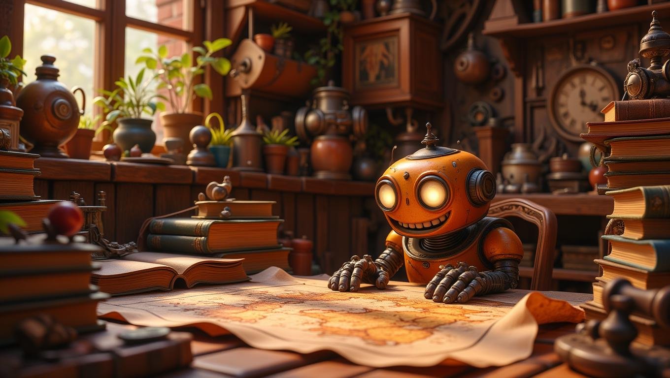 A small, round robot with big, glowing eyes is peeking out from behind a stack of old books in a cluttered workshop. Its metal hands are reaching for a dusty, ancient map spread out on a nearby table. The room is filled with quirky inventions, gears, and half-finished projects. The robot’s expression is a mix of wonder and curiosity as it uncovers a long-forgotten secret.  <lora:Cute_3d_Cartoon_Flux:0.6>