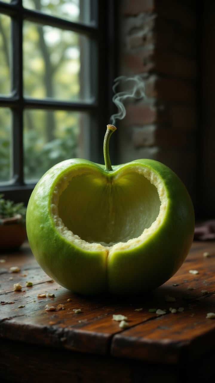 dreamy magical atmosphere, A vibrant green calmel sits on a wooden table, its smooth surface reflecting the warm light of a nearby window. The flesh inside is thick and creamy, with tiny seeds scattered around it. Fairy-Tale, CineColor, aidmafluxpro1.1