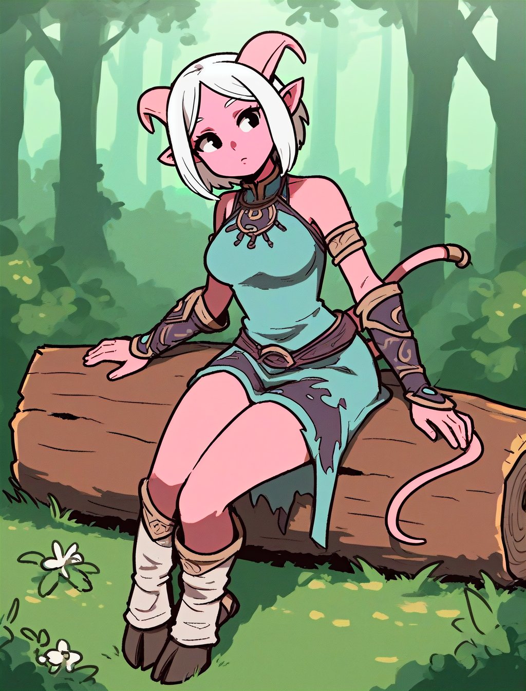 score_9, score_8_up, score_7_up, woman, tiefling, medium hair, white hair, fantasy clothes, sitting on log, head tilt, forest <lora:PonPonPony:1>