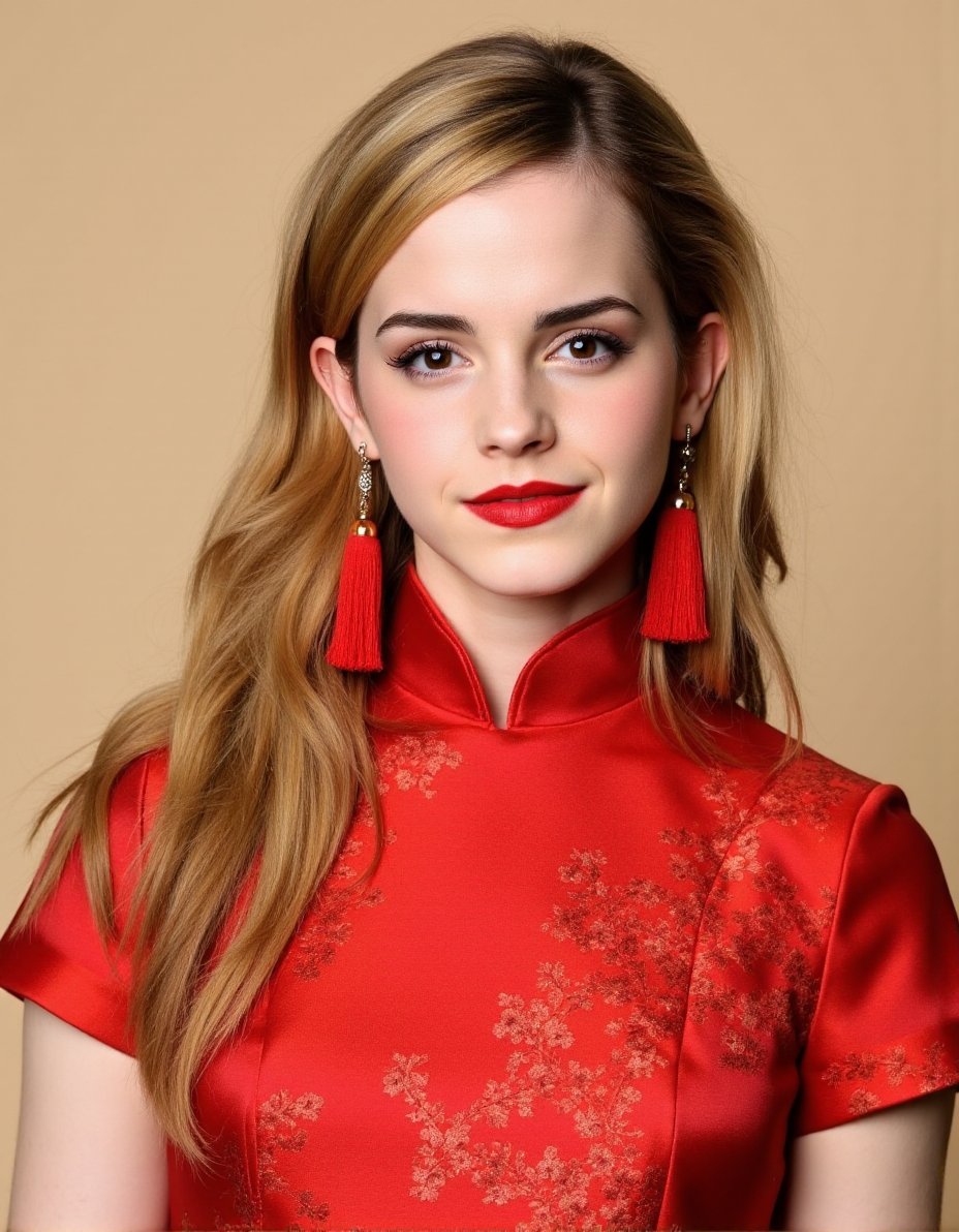 The image is a high-resolution photograph of a young woman with long, wavy blonde hair cascading over her right shoulder. She has fair skin and striking blue eyes accentuated with dark eyeliner and mascara. Her lips are painted a bold red, matching her vibrant red traditional Chinese cheongsam, which is adorned with intricate floral patterns. The cheongsam is made of a shiny, satin-like fabric that catches the light, adding a glossy texture to the image.The woman is wearing long, red tassel earrings that dangle elegantly from her ears, adding a touch of elegance and color contrast to the image. The background is a solid, light beige color, ensuring that the subject stands out prominently. The lighting is soft and even, eliminating harsh shadows and emphasizing the smoothness of her skin and the rich texture of her clothing. The overall mood of the photograph is sophisticated and elegant, capturing the essence of traditional Chinese attire with modern styling. The image is a close-up, focusing primarily on the woman's face and upper body, with no additional objects or people in the frame., ,Emma Watson, <lora:Emma_Watson_Flux_V1-000001:1>