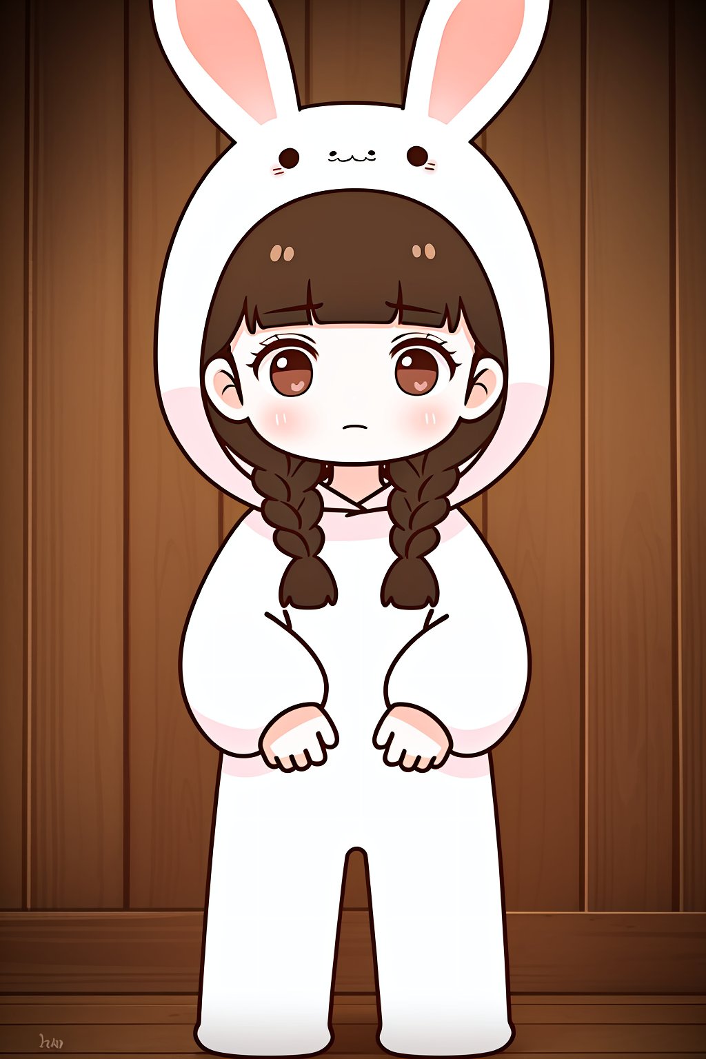 (best quality,masterpiece:1.2),ultra detailed,8k,extremely detailed,delicate pattern,looking at viewer,child, <lora:C_QV_rabbit_girl_OCT_:0.7>,1girl,solo,Q,Q ver,braid,brown hair,twin braids,rabbit ears,bangs,blunt bangs,long hair,twintails,brown eyes,blush,rabbit hood,hood up,hood,long sleeves,rabbit costume,standing,