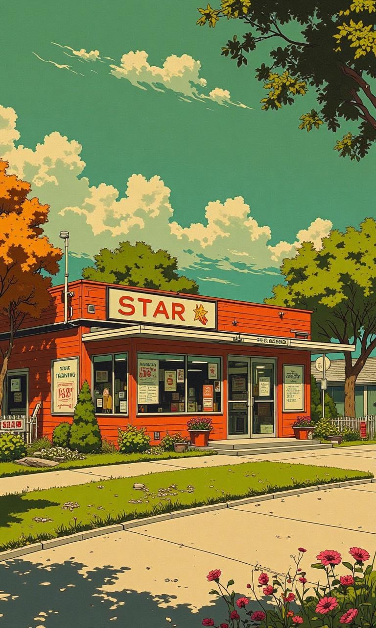 1950s suburban landscape of burnt sienna,  olive green and lime (Star Trading Post: 1.2),  designed by Edmund Dulac by Mac...